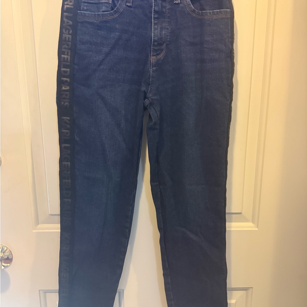 Karl Lagerfeld Navy Straight-Leg Jeans With Logo Side Tape - Size 2